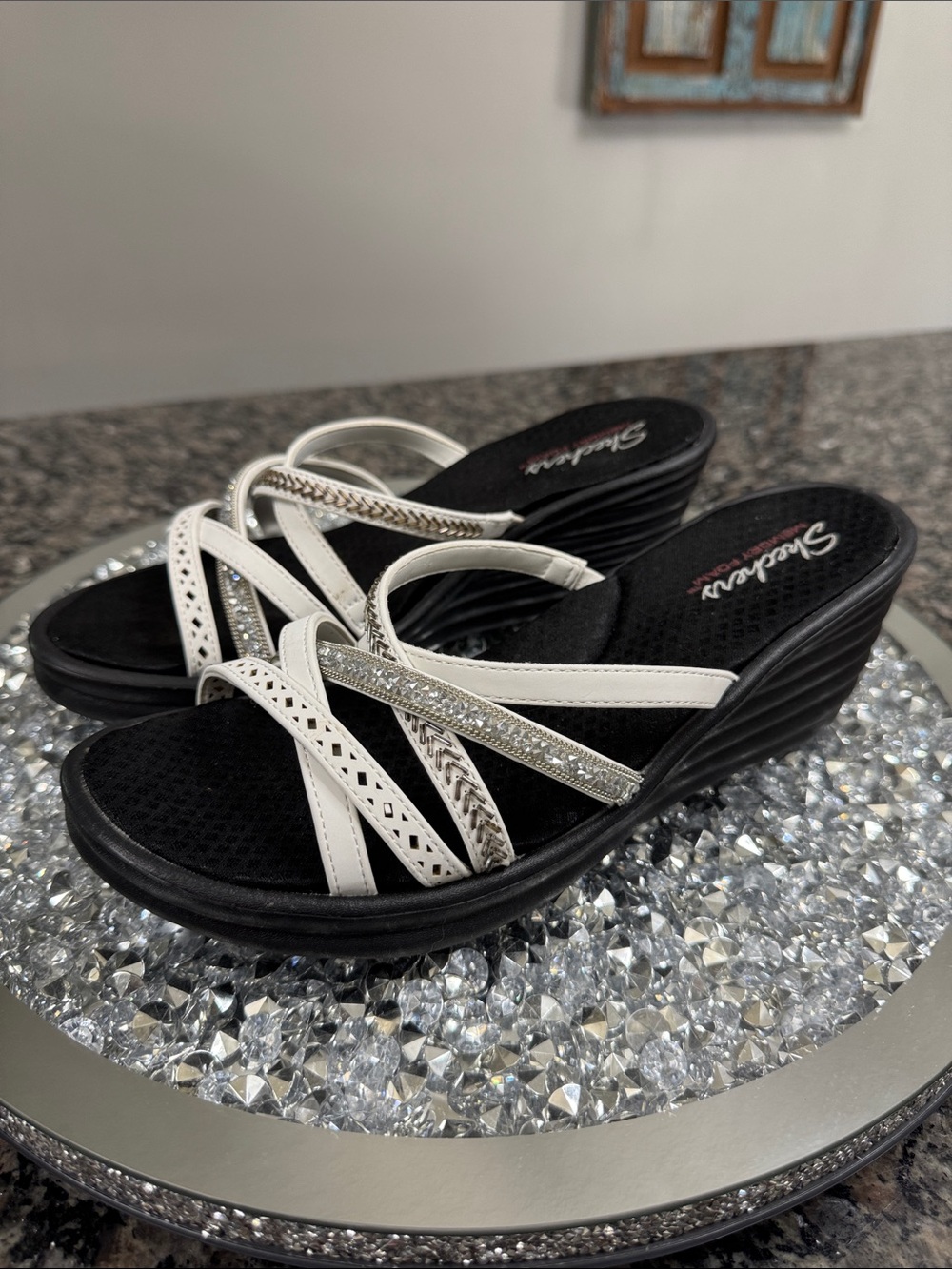 Skechers White and Silver Strappy Wedge Sandals